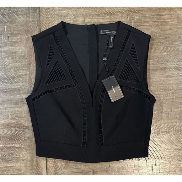 NWT BCBG MAXAZRIA Black Deep V-Neck Tank Crop Mesh Cutouts Womens Size XXS $198 - Picture 13 of 13
